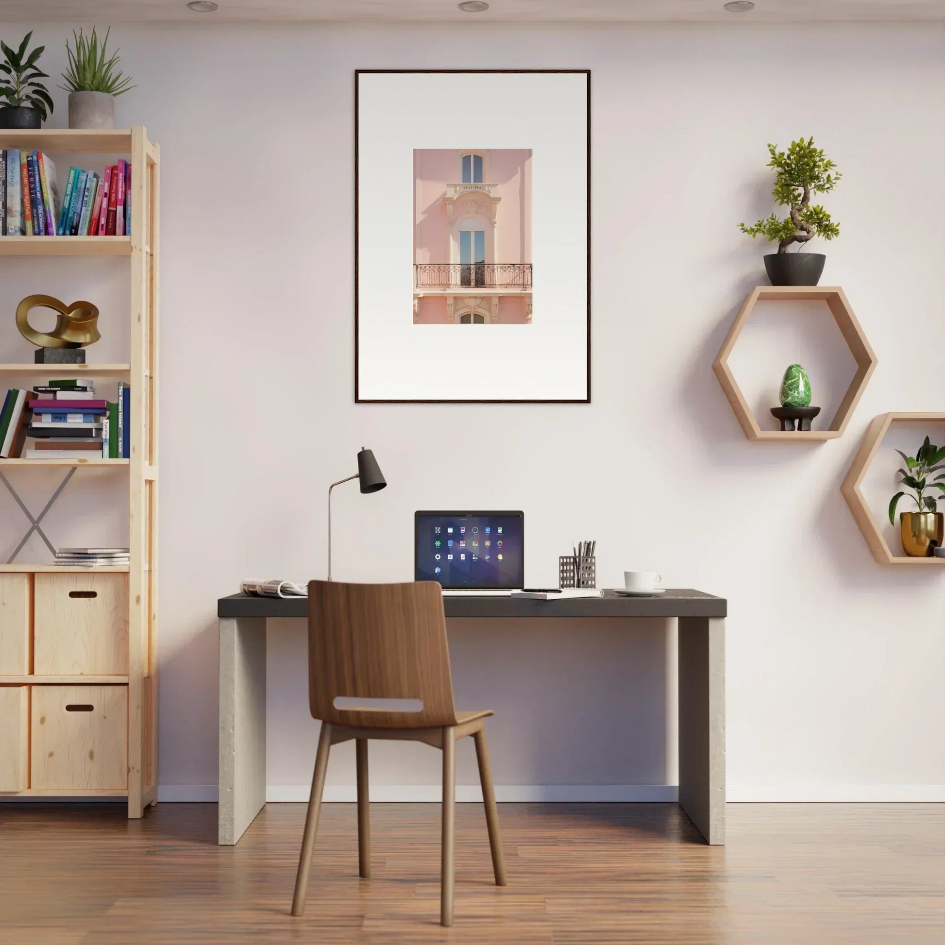 Modern desk setup featuring a laptop and wooden chair in a Pink Echoed Dream style