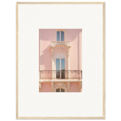 Pink Mediterranean building with blue windows, part of Pink Echoed Dream framed wall art