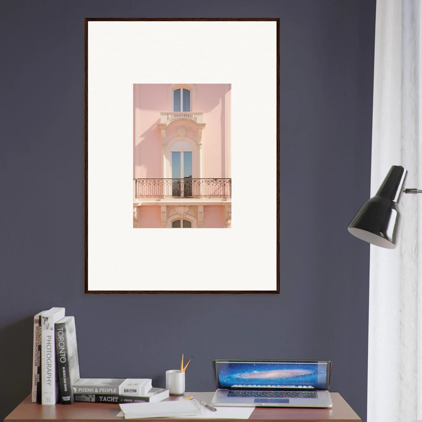 Framed wall art of a pink Mediterranean balcony in Pink Echoed Dream design