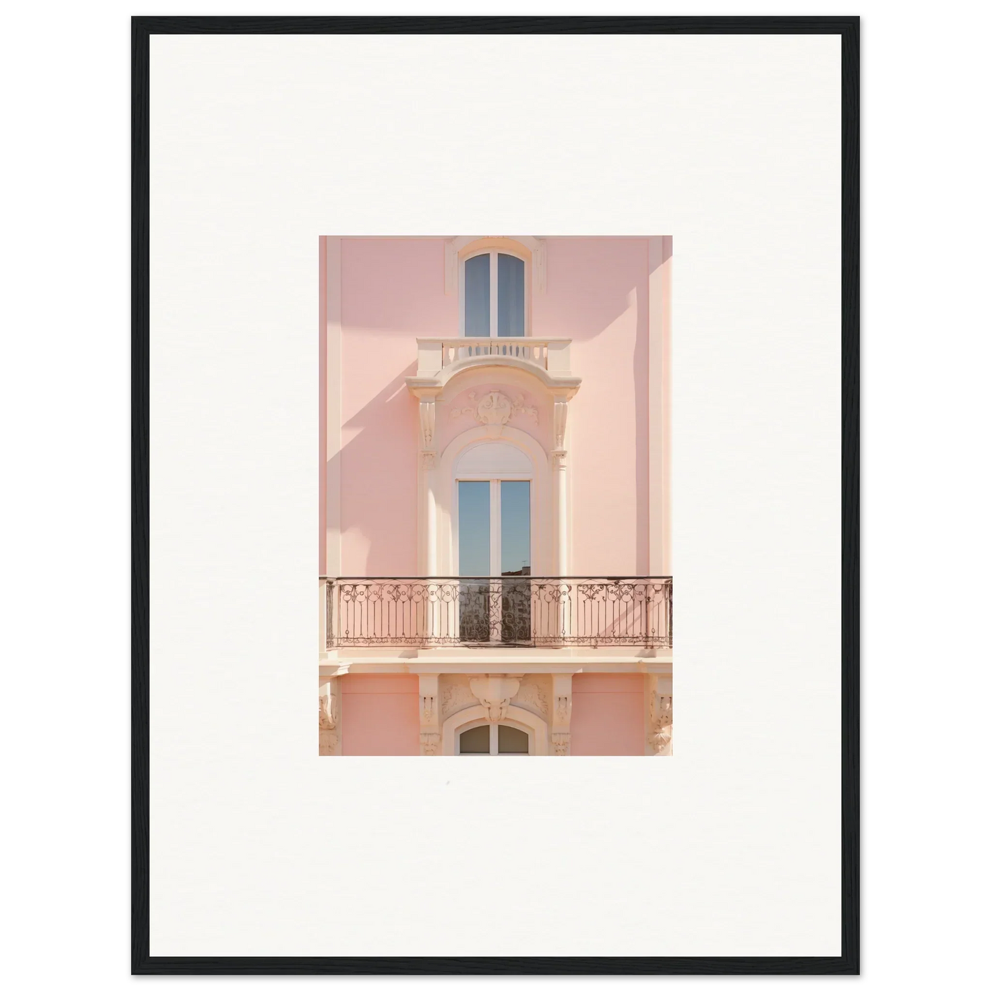 Pink Mediterranean-style building with blue windows in Pink Echoed Dream framed wall art