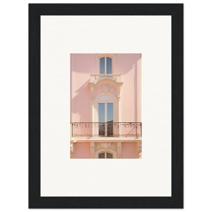 Pink Echoed Dream framed wall art featuring a pink building with ornate balcony and blue windows