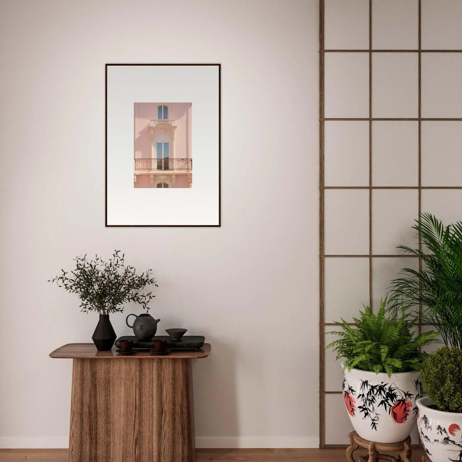 Framed wall art of a pink building’s balcony and window from Pink Echoed Dream special edition art™