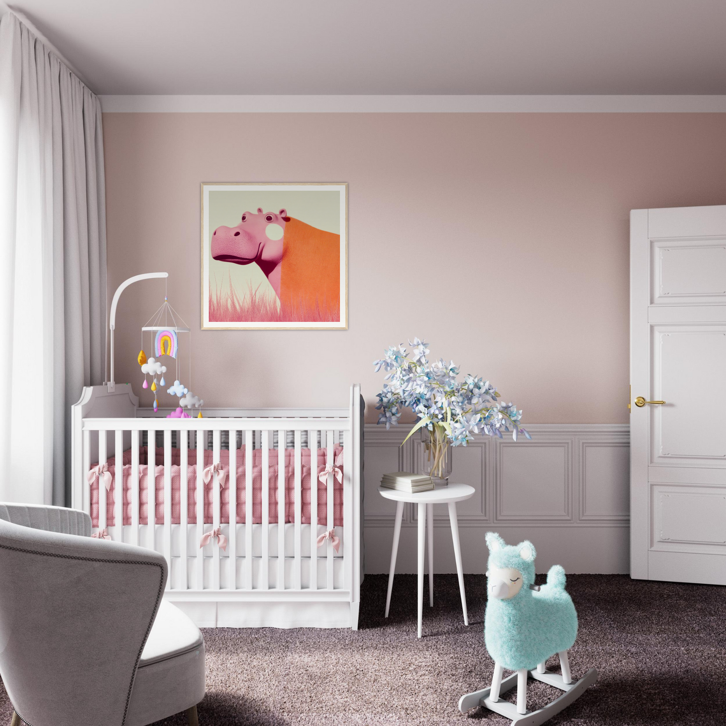 White wooden crib with pink bedding from Pink Hippopoetry Buzz collection