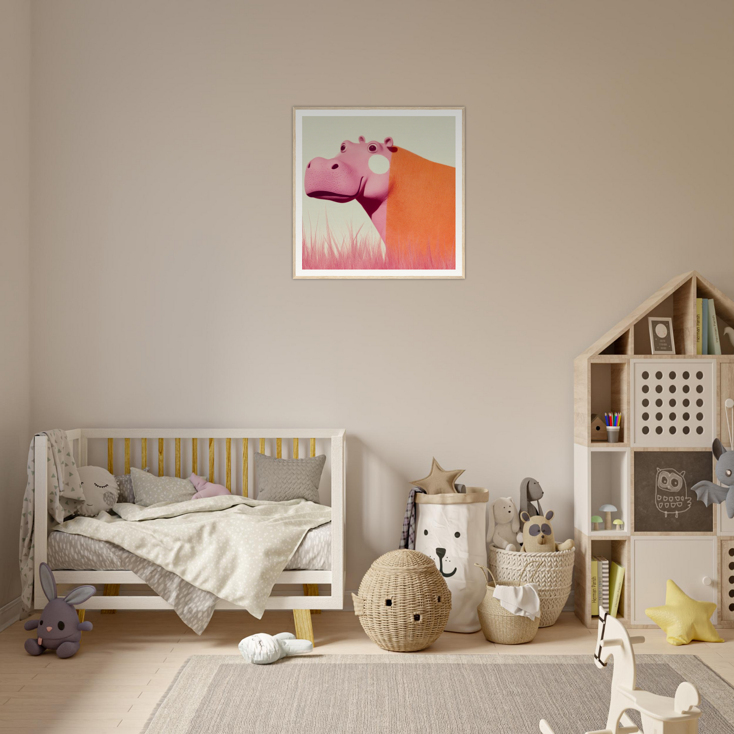 Modern nursery featuring Pink Hippopoetry Buzz with gray crib and whimsical decor