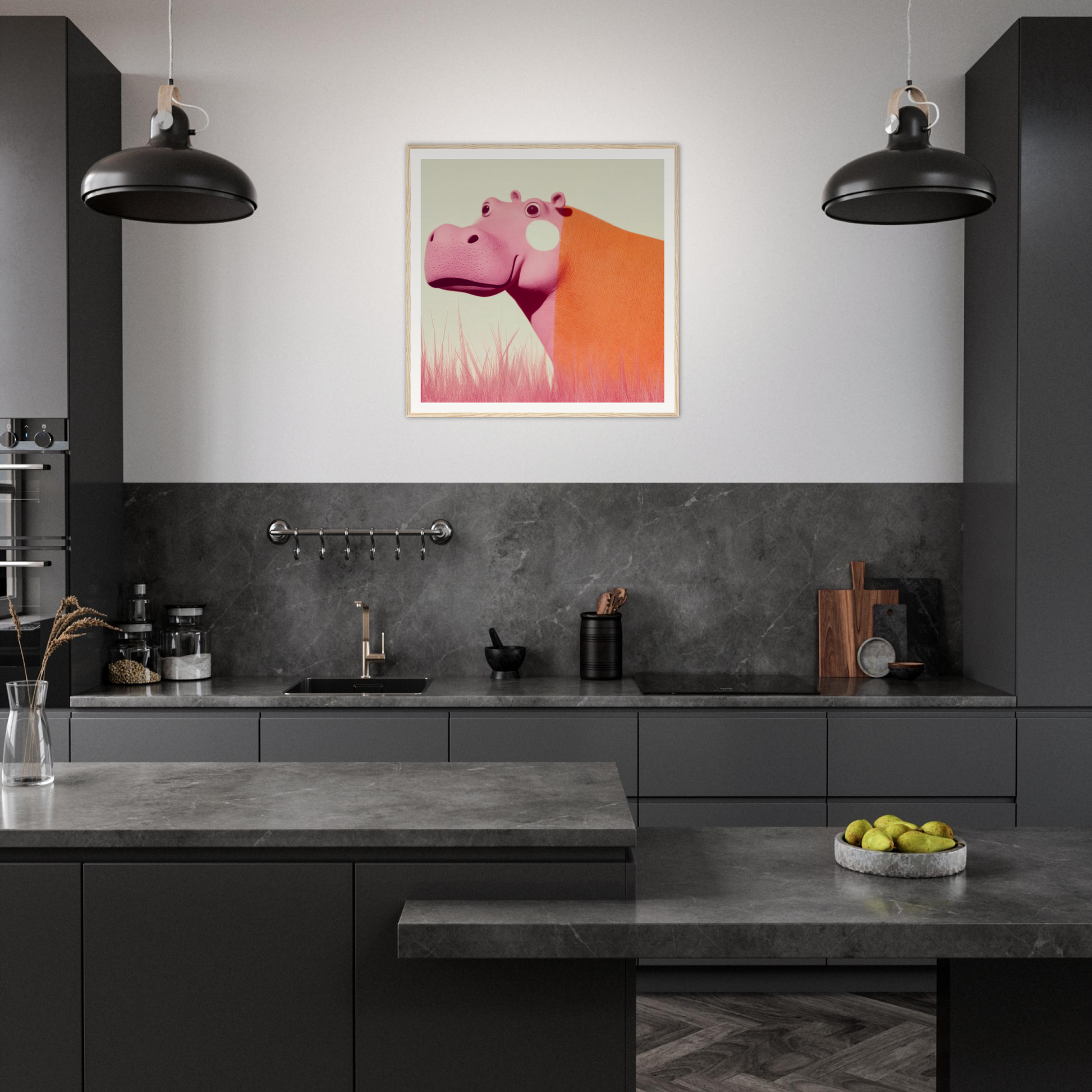 Modern dark gray kitchen featuring Pink Hippopoetry Buzz flamingo art on the wall