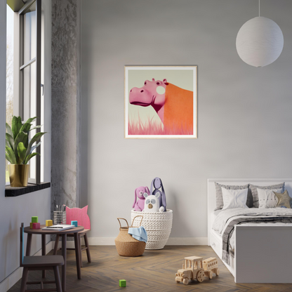 Framed pink hippo artwork on a gray wall for Pink Hippopoetry Buzz decor