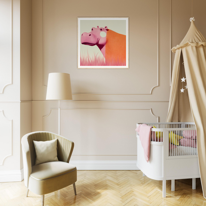 Modern nursery featuring Pink Hippopoetry Buzz with white crib and beige canopy