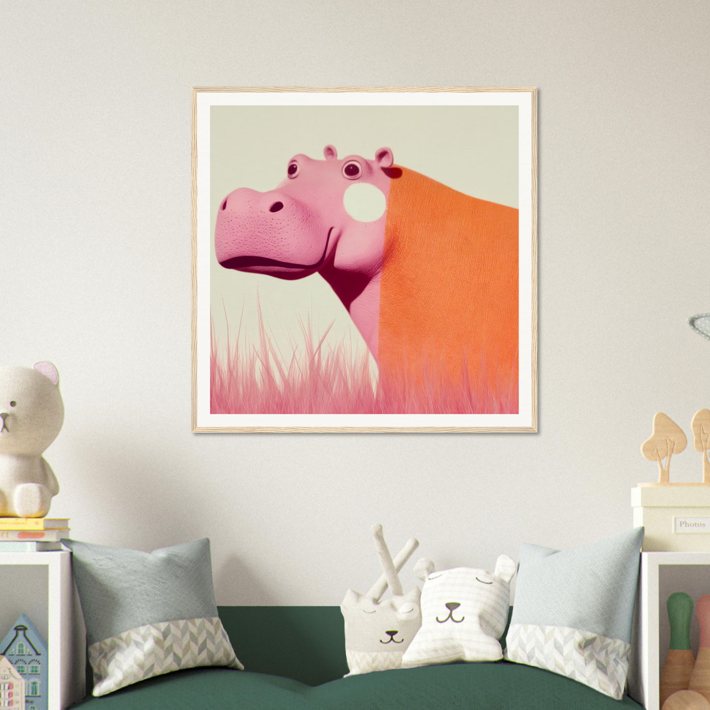 Illustration of a pink and orange minimalist hippo for Pink Hippopoetry Buzz product