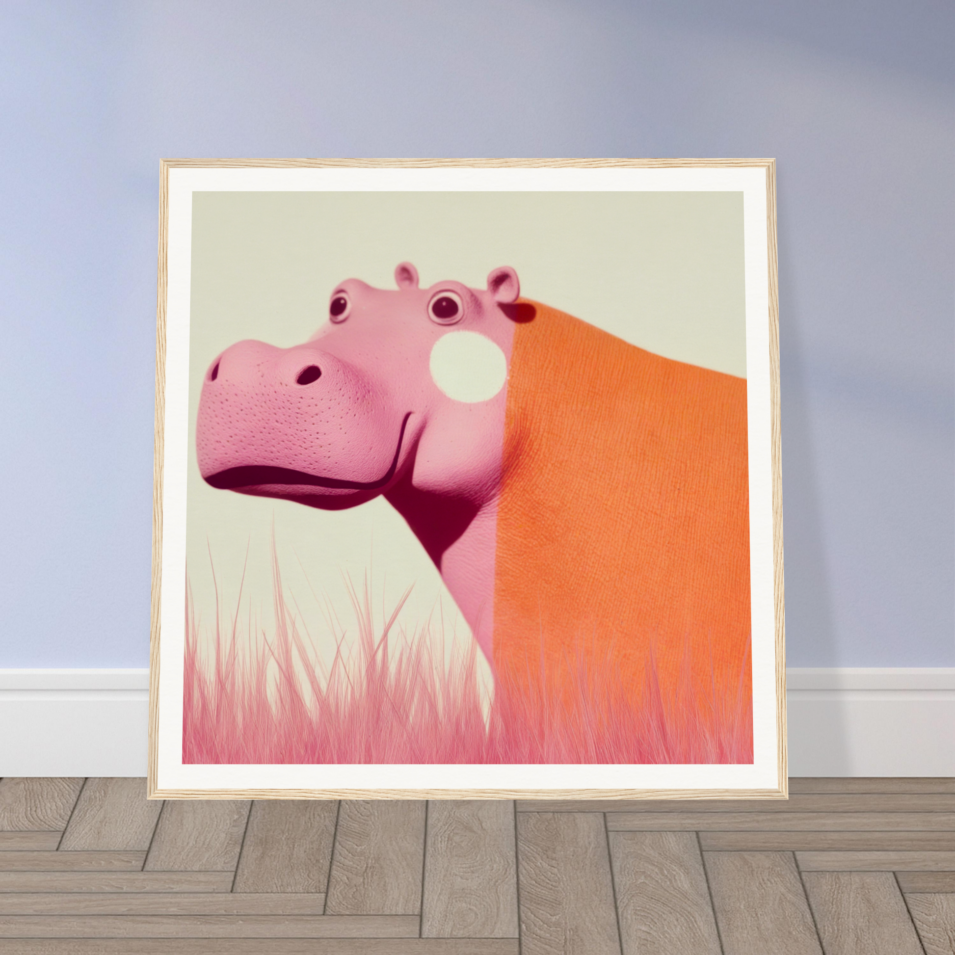 Curious pink hippo featured in Pink Hippopoetry Buzz product line