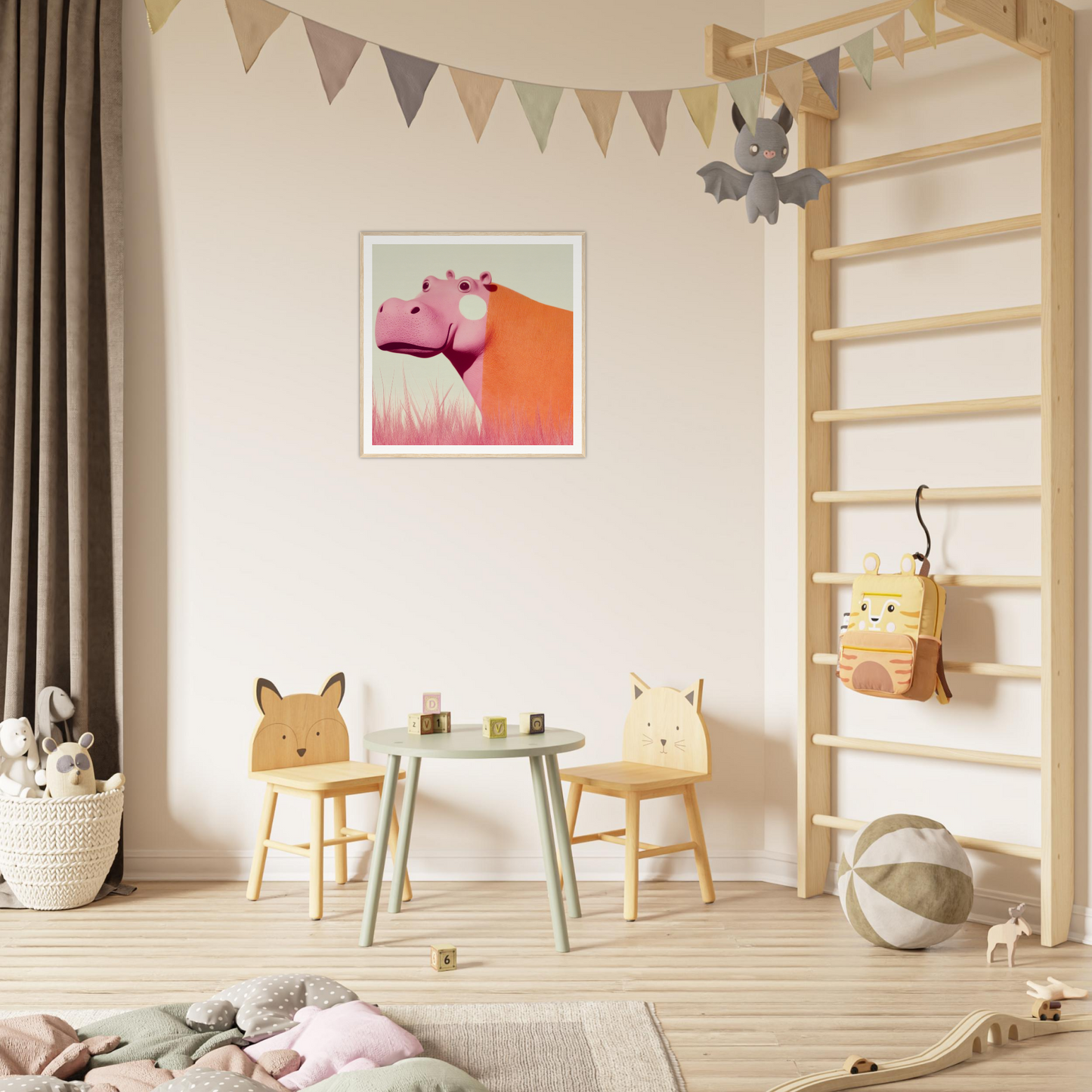 Children’s play area featuring a small table and animal-themed chairs in Pink Hippopoetry Buzz