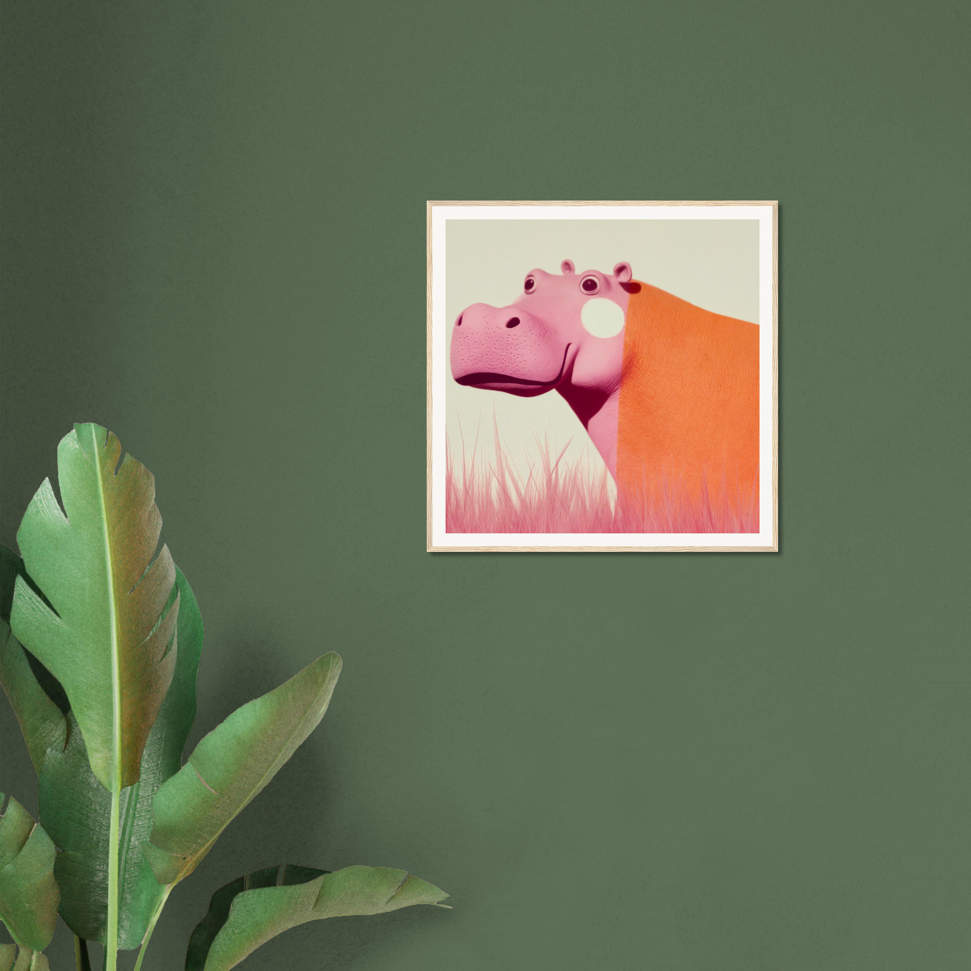 Illustration of Pink Hippo framed on a wall, part of Pink Hippopoetry Buzz collection