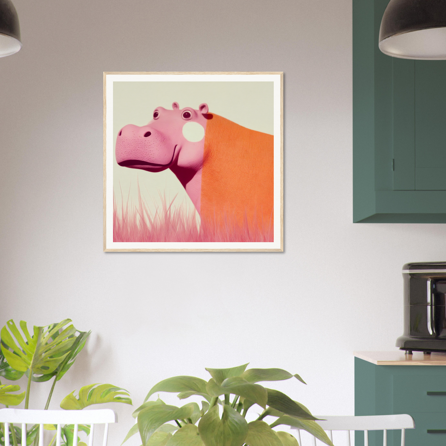 Framed Pink Hippopoetry Buzz artwork featuring a pink hippo on an orange background