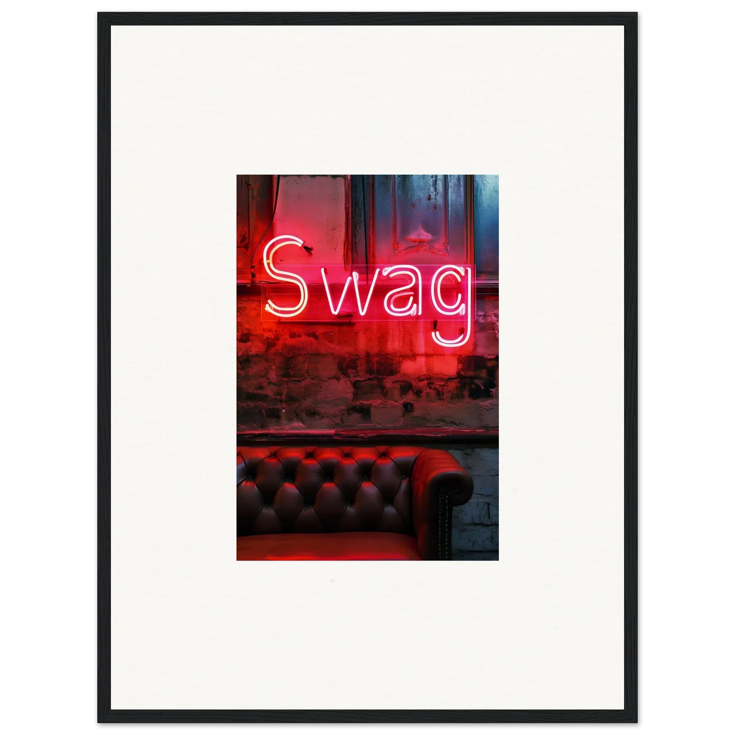 Neon red Swag sign above a leather couch, perfect for room decoration and wall art