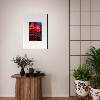 Framed canvas print of a red neon Swag sign, perfect for eye-catching room decoration