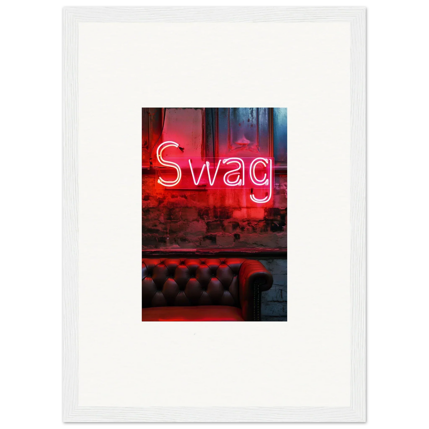 Neon red Swag sign glowing over a chic tufted leather surface for stylish room decoration