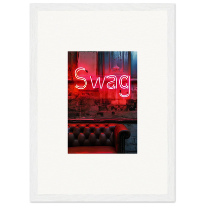 Neon red Swag sign glowing over a chic tufted leather surface for stylish room decoration