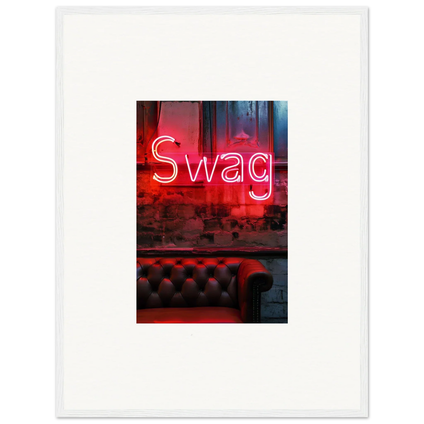 Neon red Swag sign above a tufted leather couch, perfect for room decoration and wall art