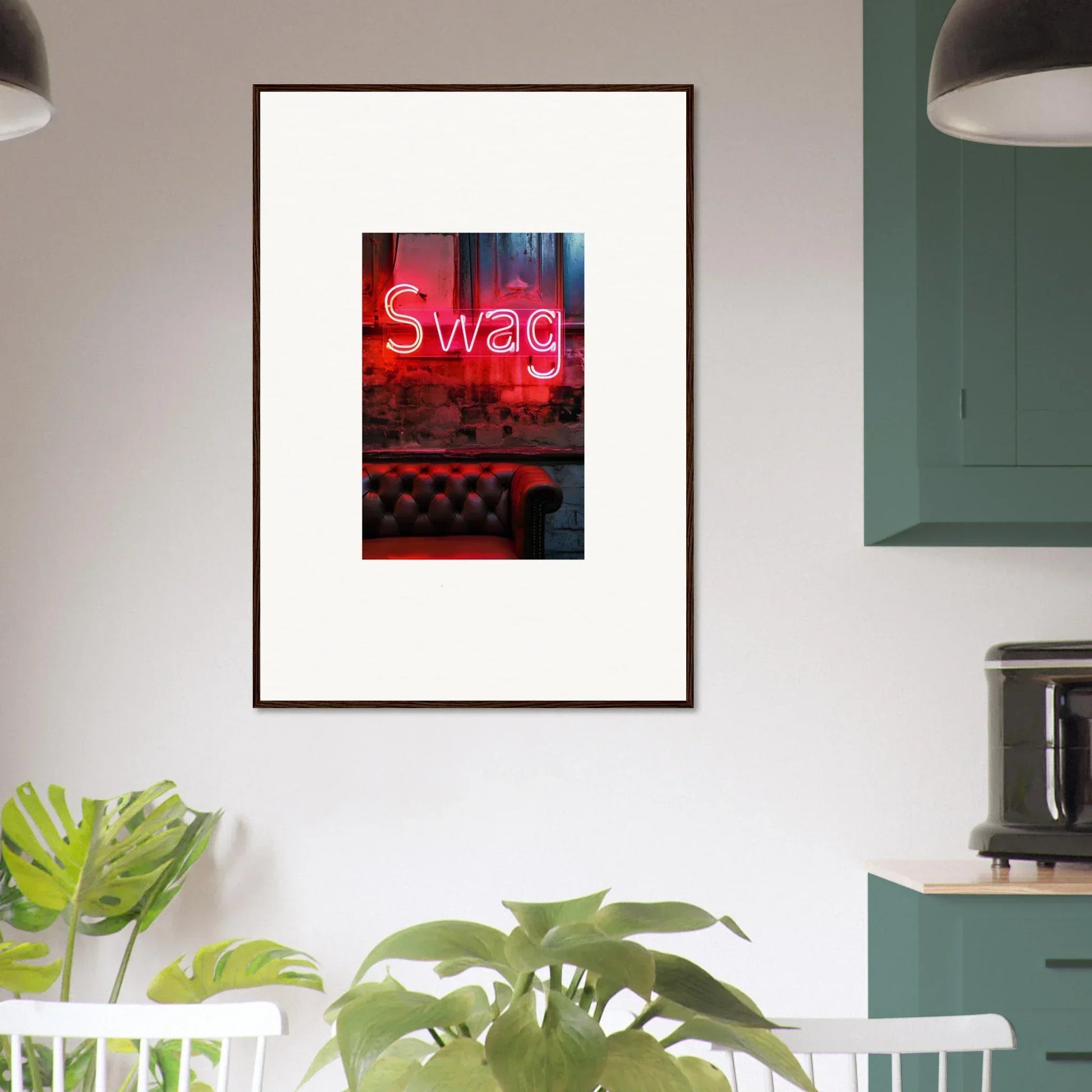 Framed canvas print with a red neon Swag sign for cool room decoration wall art