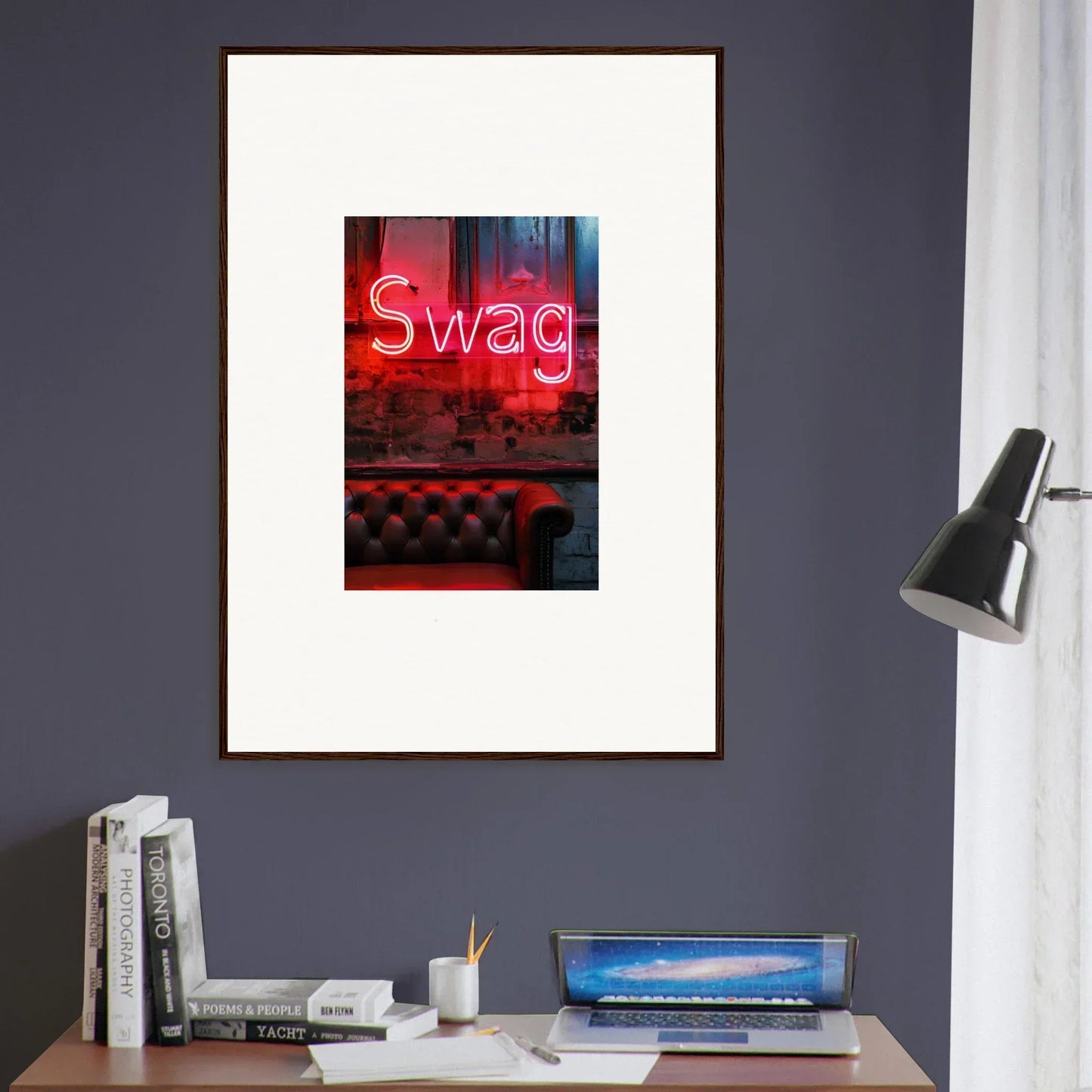 Framed red neon Swag sign wall art above a stylish leather couch for cool room decoration