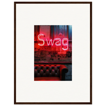 Neon red Swag sign adds flair to tufted leather couch for cool room decoration