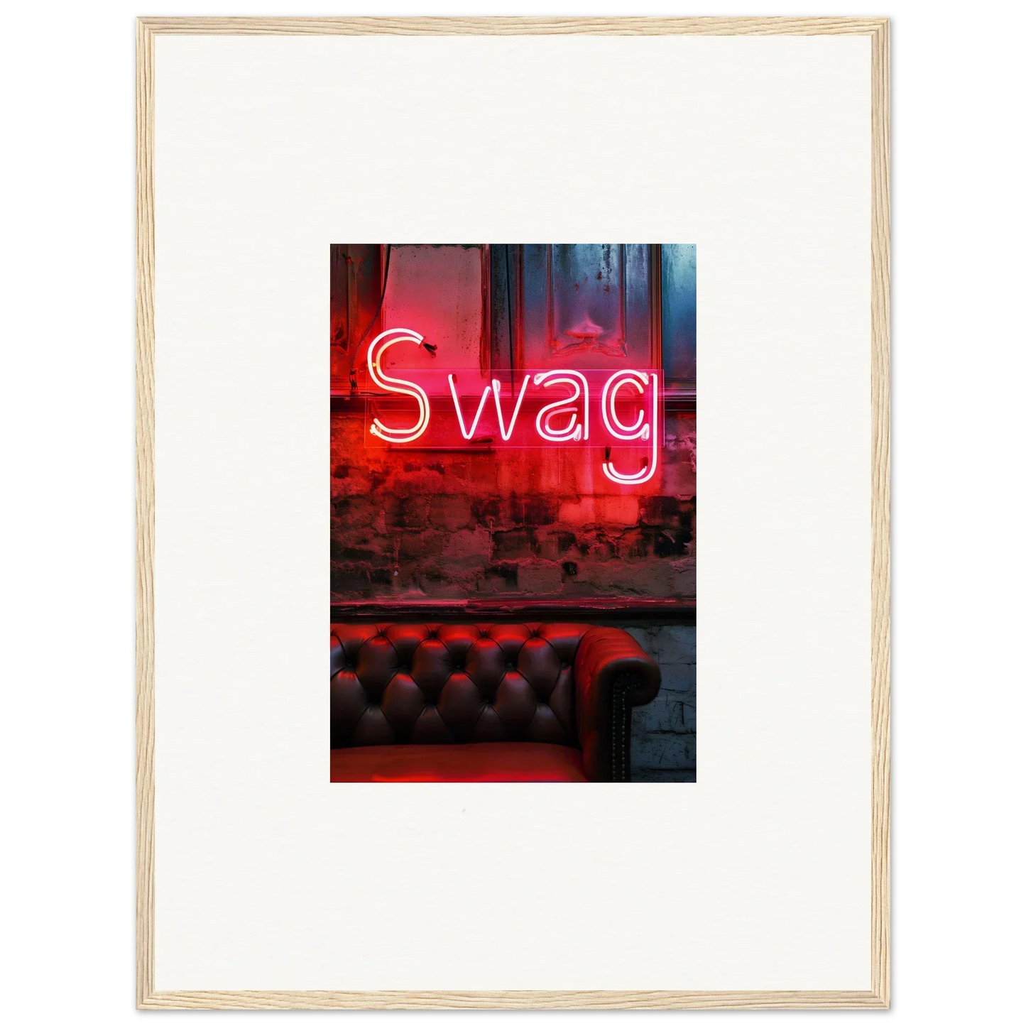 Neon red Swag sign above a leather couch for trendy room decoration wall art