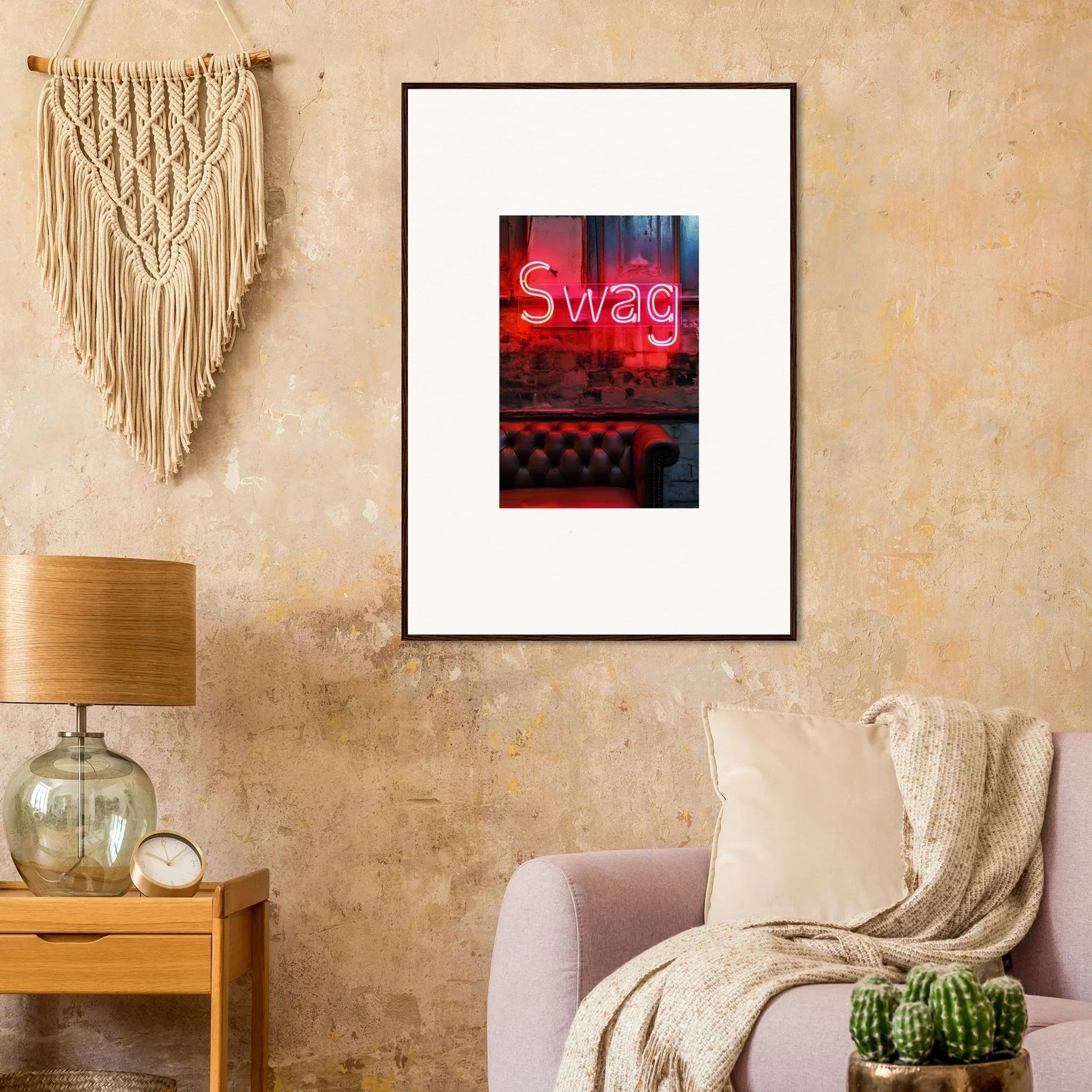 Framed wall art of a neon Swag sign for trendy room decoration