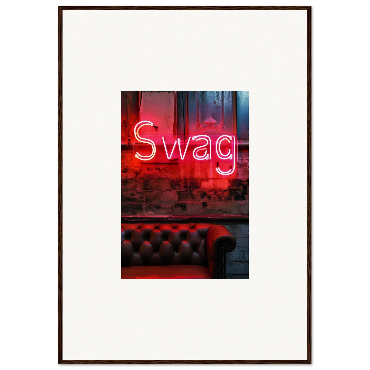 Stylish neon red Swag sign above tufted leather, perfect for room decoration or wall art