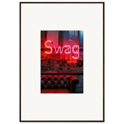 Stylish neon red Swag sign above tufted leather, perfect for room decoration or wall art