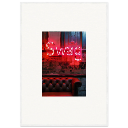 Neon red Swag sign glowing on dark background, perfect for room decoration wall art