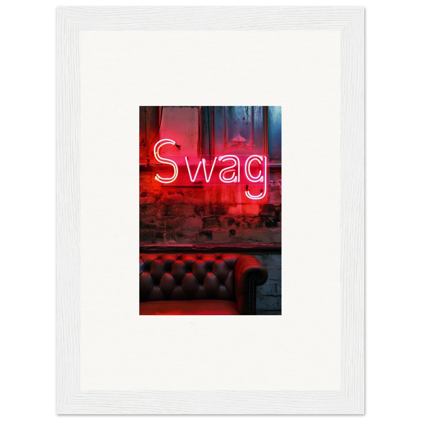 Neon red Swag sign above a leather couch for cool room decoration or wall art