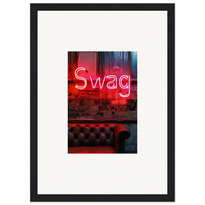 Neon red Swag sign above a leather couch for trendy room decoration or wall art