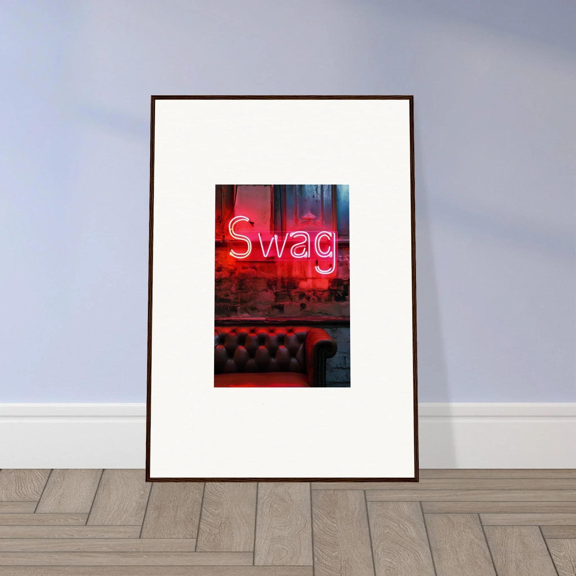 Framed canvas print of a neon Swag sign, perfect for cool room decoration and wall art