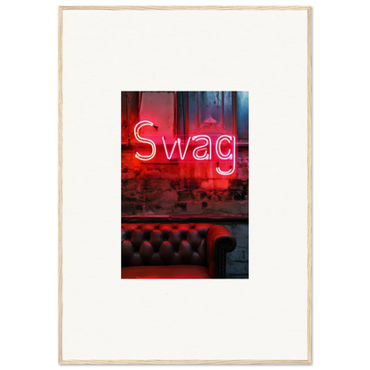 Neon red Swag sign above tufted leather, perfect for trendy room decoration wall art