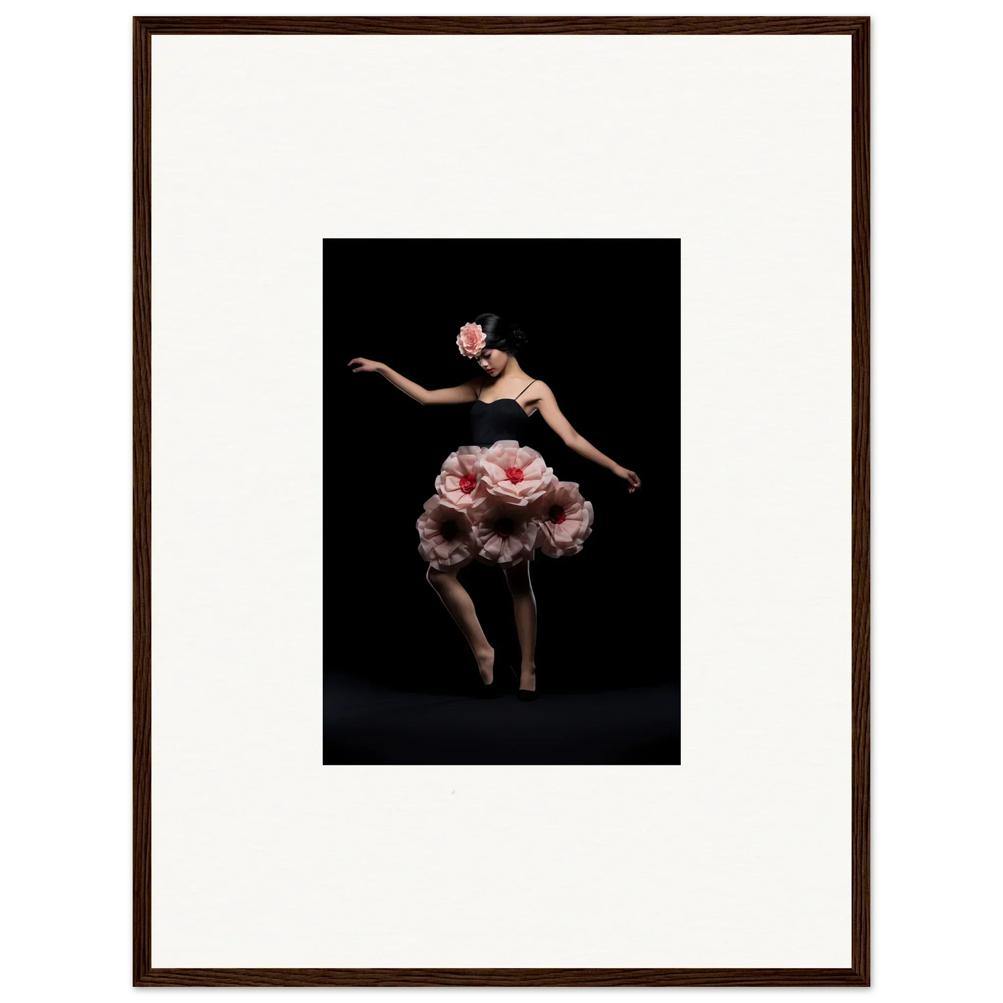 Dancer in voluminous pink floral costume, perfect for floral feels room decor or framed wall art