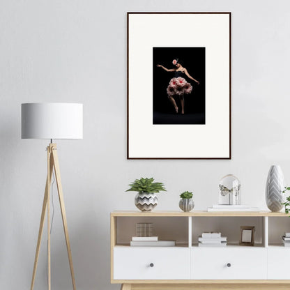 Framed wall art of a ballet dancer in a dramatic pose for floral feels room decor