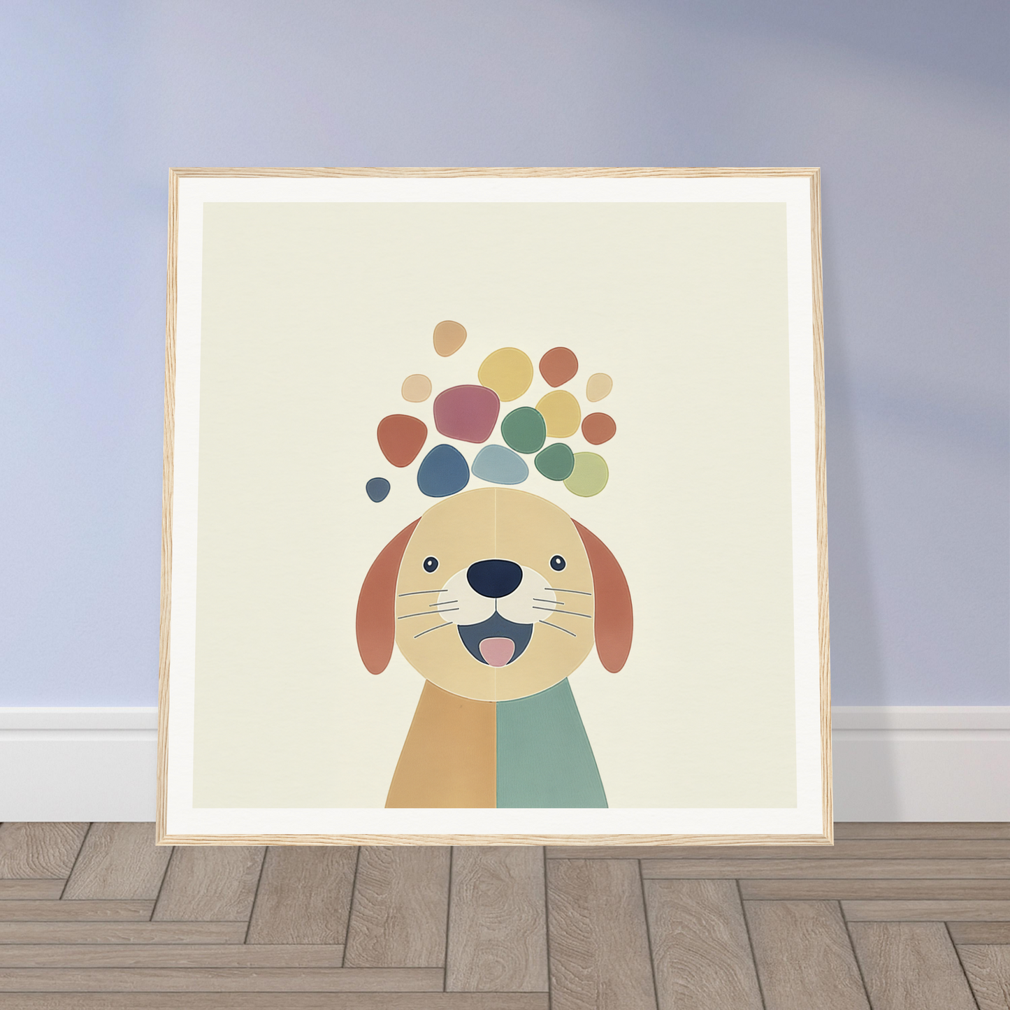 Cheerful cartoon dog surrounded by colorful bubbles in Playful Canine Dreamscapes