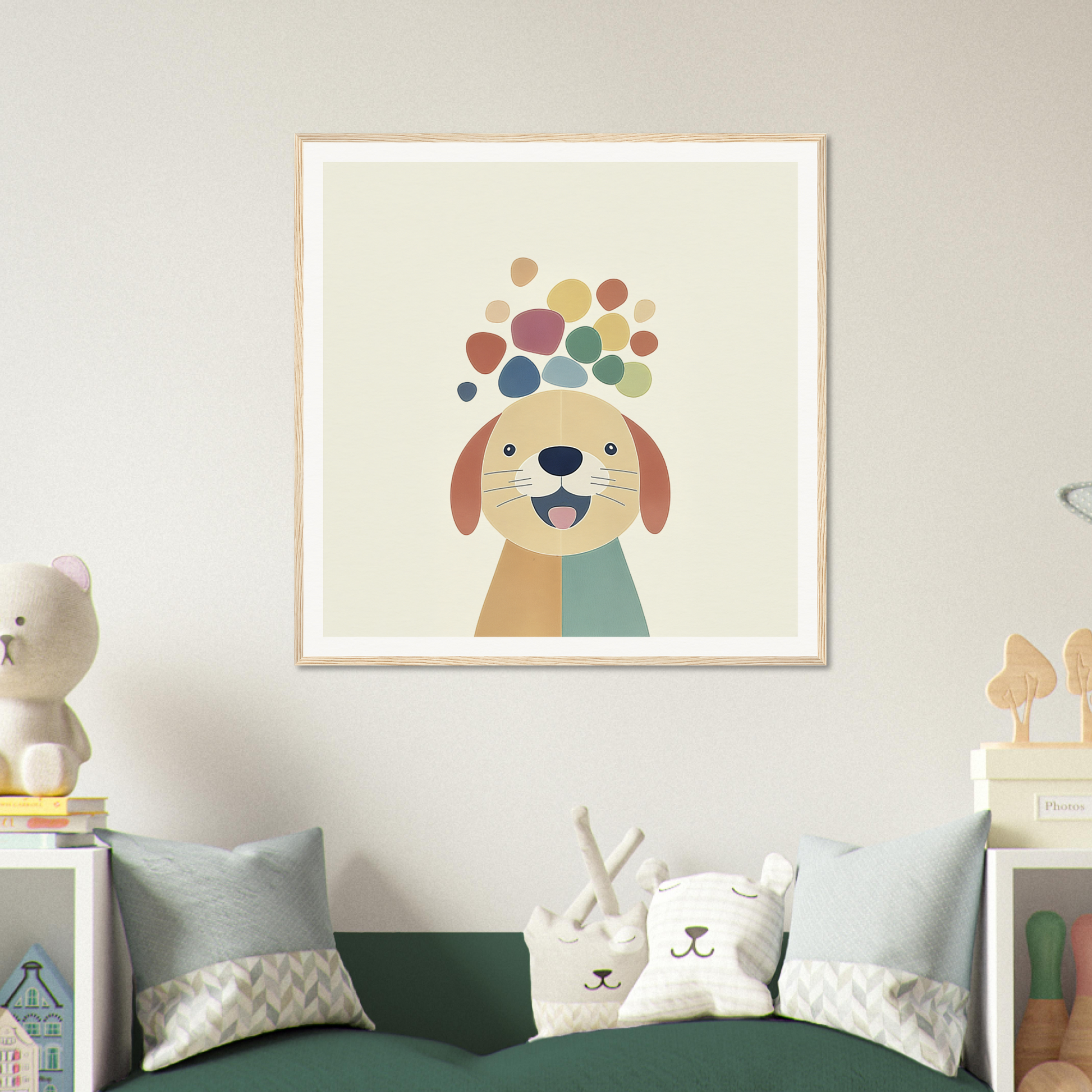 Framed artwork of a playful canine with colorful bubbles in Playful Canine Dreamscapes