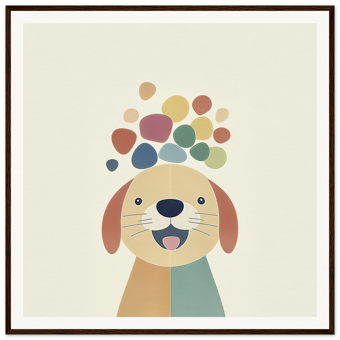 Happy cartoon dog with colorful dots representing Playful Canine Dreamscapes