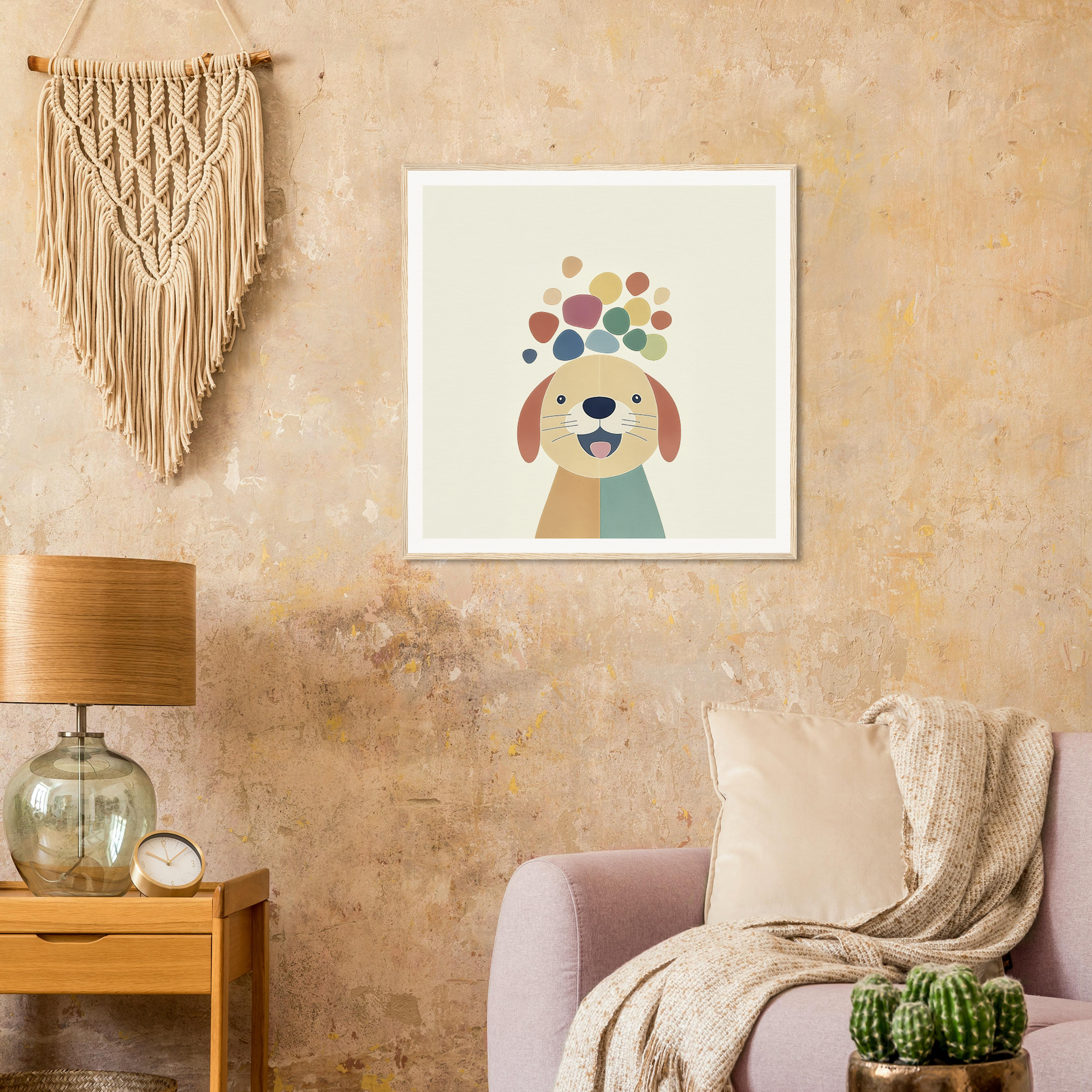 Whimsical dog illustration for Playful Canine Dreamscapes with colorful floating bubbles