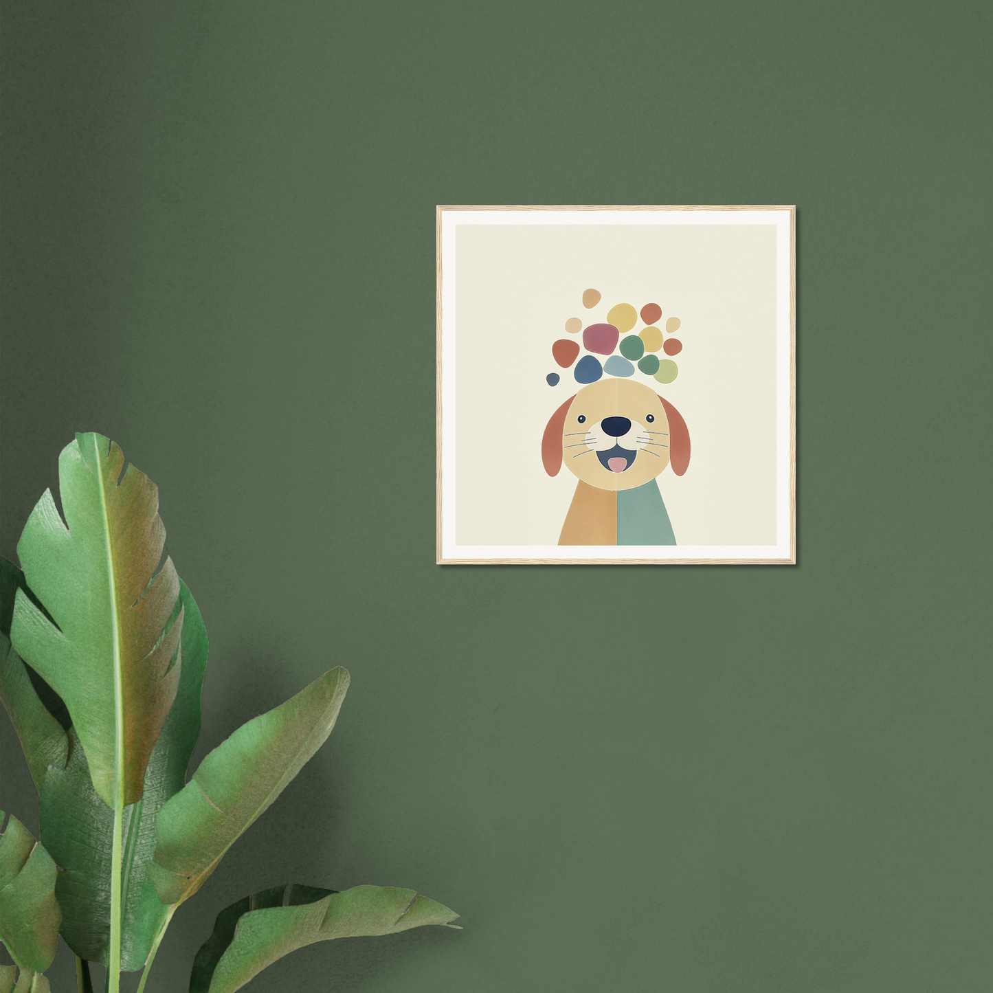 Framed illustration of a playful canine with colorful dots in Playful Canine Dreamscapes