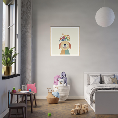 Whimsical cartoon dog with colorful circles, representing Playful Canine Dreamscapes