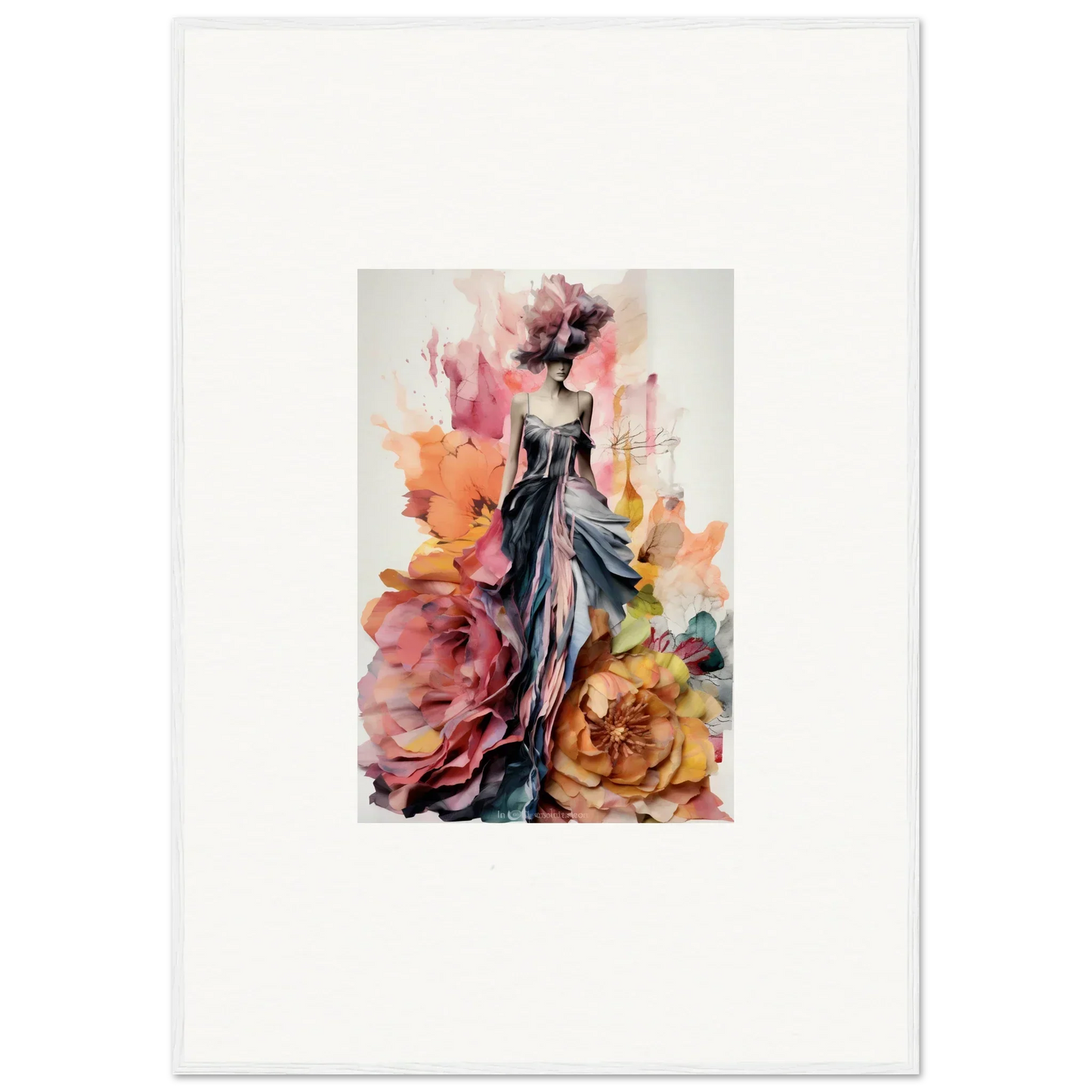 Watercolor fashion illustration of a gown with roses in Plumage Rises Floresschuld art