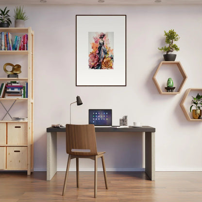 Modern home office with dark desk, wooden chair, and Plumage Rises Floresschuld art