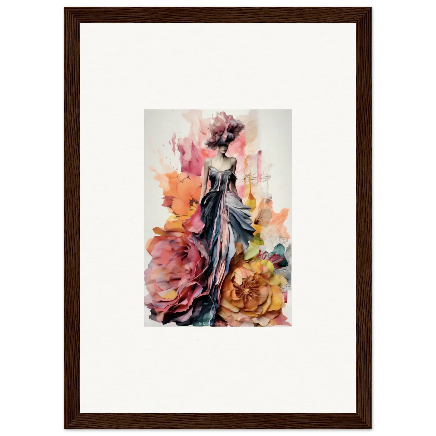 Watercolor painting of a graceful figure in blue dress with roses for Plumage Rises Floresschuld