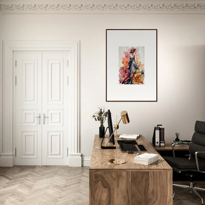 Wooden desk with a modern design next to Plumage Rises Floresschuld framed wall art