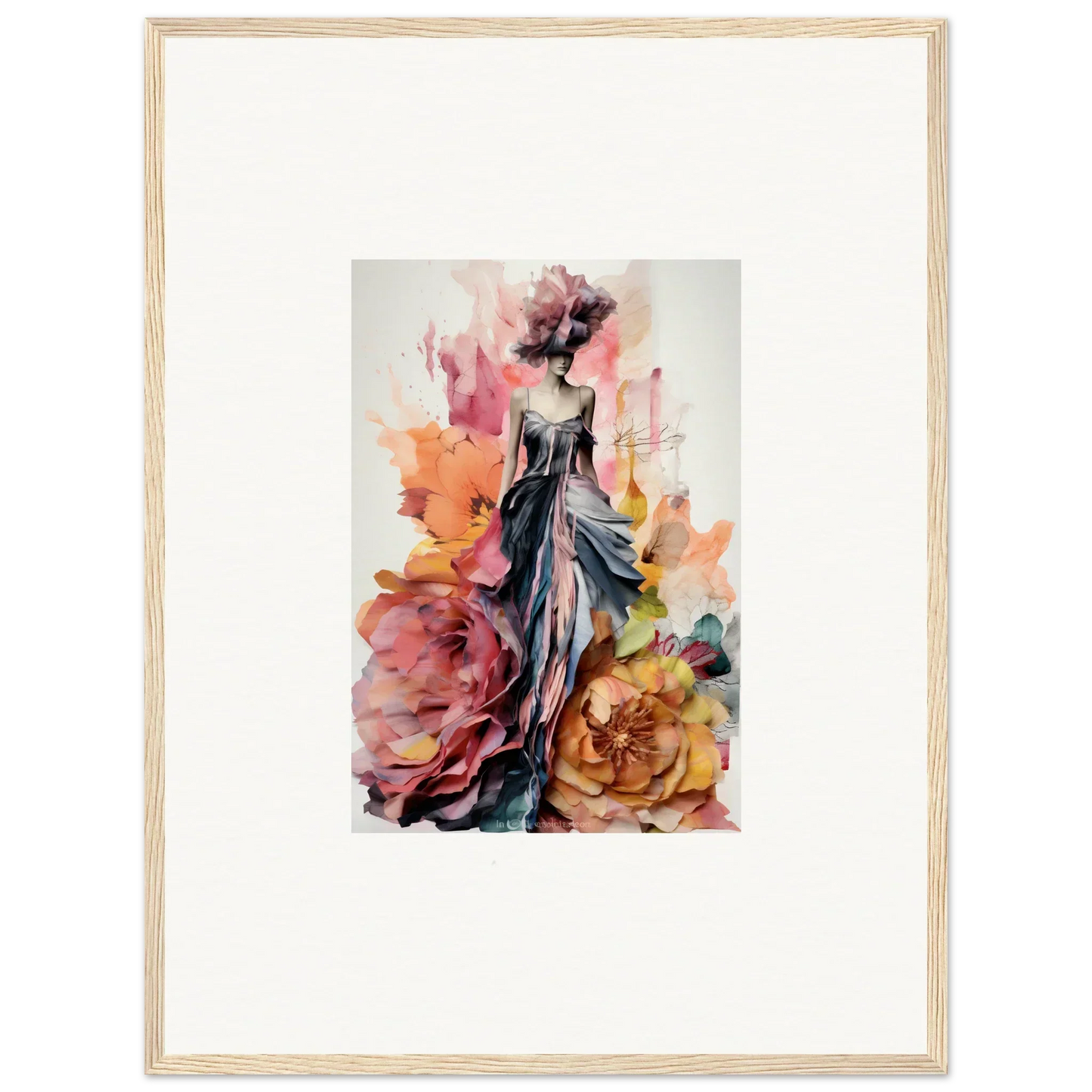 Watercolor fashion illustration of an evening gown with roses for Plumage Rises Floresschuld