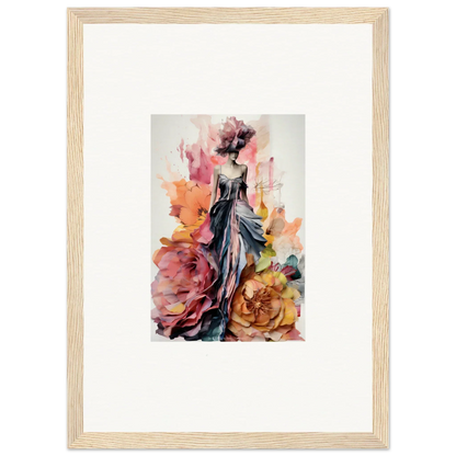 Watercolor painting of a lady in a blue dress with roses for Plumage Rises Floresschuld