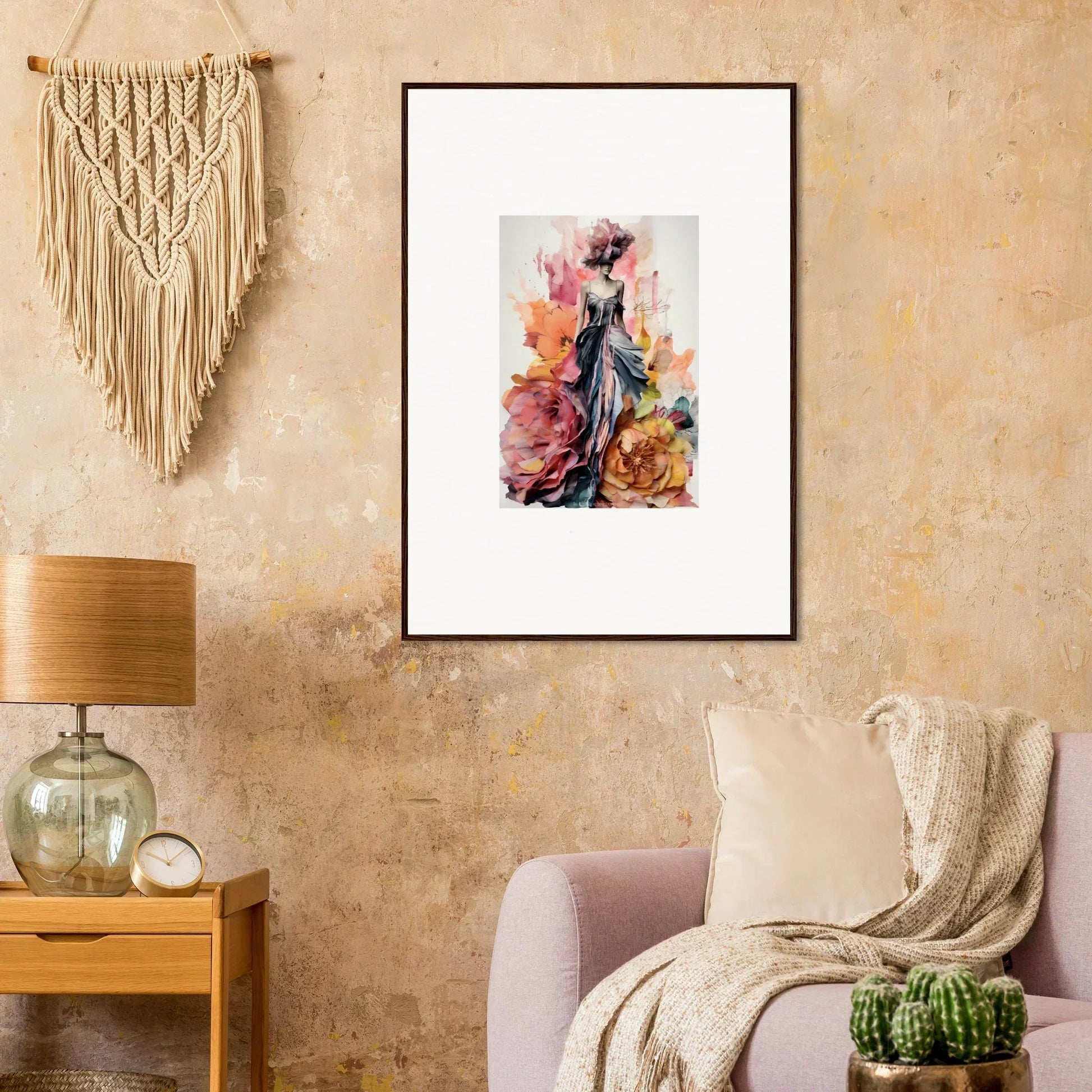 Framed wall art of Plumage Rises Floresschuld featuring a figure and colorful flowers