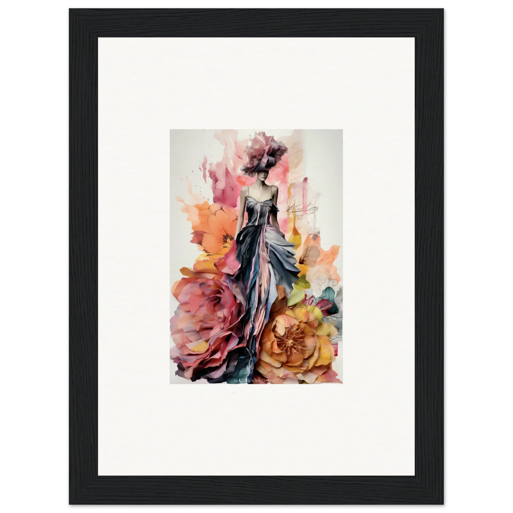 Watercolor art of a figure in a dress with roses, Plumage Rises Floresschuld framed wall art