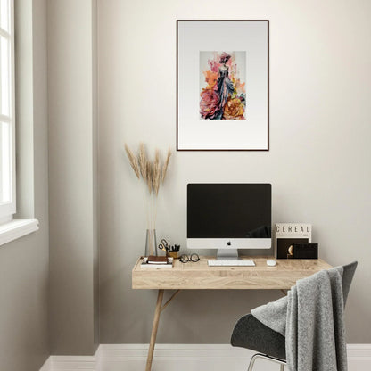 Simple wooden desk with iMac and framed wall art from Plumage Rises Floresschuld